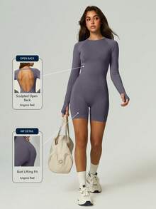 UONNOU 女款露背長袖連身衣，無縫柔軟收腰提臀健身服 - 灰色 - 查看 4