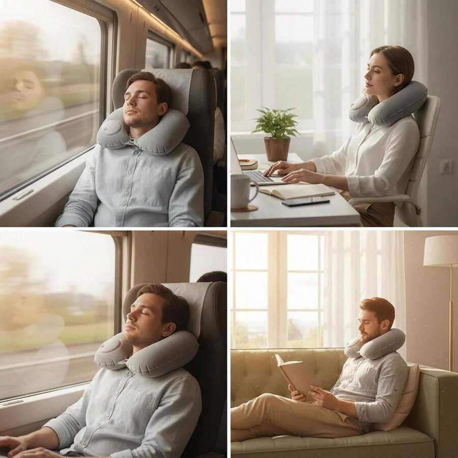 Outdoor Camping Press-To-Inflate U-Shaped Pillow, Neck Support Pillow, Travel Essential, Foldable Portable Flocked Inflatable Travel Pillow U-Shaped Pillow - Multicolor - View 1