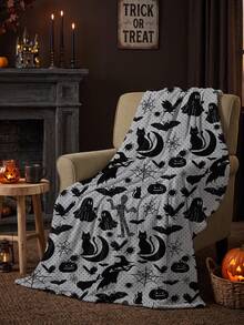 1pc Halloween Black Cat Flannel Blanket, Single-Sided Print, Soft And Lightweight, Cartoon Print, Home Essential, Comfortable And Soft, Easy To Care, Multi-Functional Blanket, Room Decor, Halloween Decoration, Ideal Halloween Gift, Perfect Birthday Gift - Multicolor - View 8
