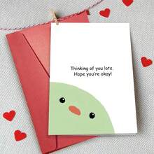 1PC Cute Minimalist "Thinking Of You Lots Hope You're Okay" Greeting Card, Peeking Green Cute Face Design, Sweet Get Well Encouragement Gift Card - Multicolor - View 2