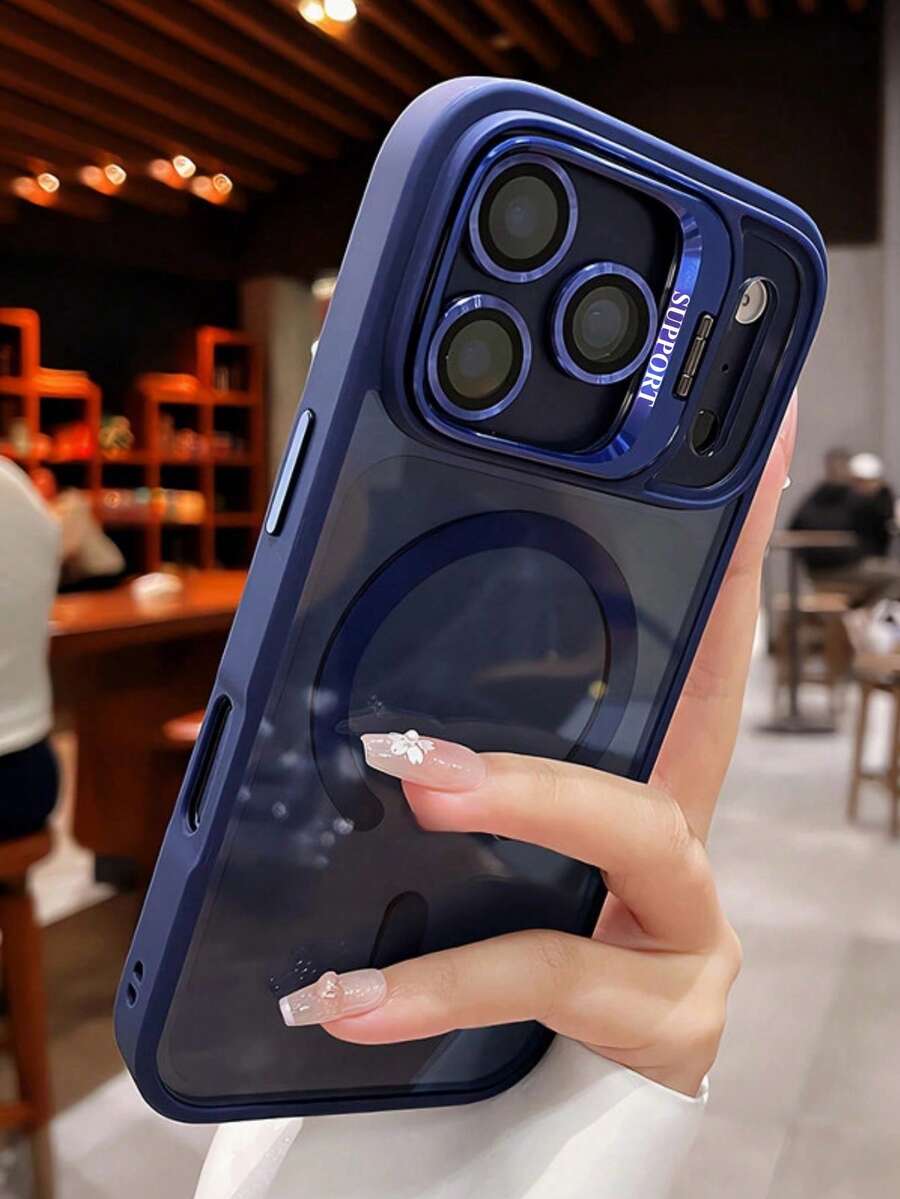 1pc Luxury Lens Frame Bracket Magnetic Phone Case, Compatible With IPhone 18 17 Pro Max 16 15 14 13 12 Pro Max Plus, Supports Wireless Charging, Shockproof Armor Buffer Transparent Case With Lens Glass - Dark Blue - View 1