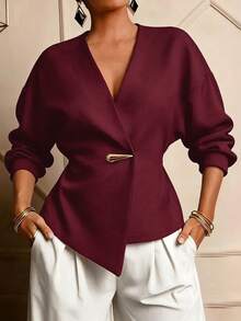 IGKEEL Women's Spring/Summer/Autumn Solid Color Asymmetric Hem Metal Decor Button Long Sleeve Blouse, Suitable For Work, Daily Wear, Commuting And Office - Burgundy - View 3