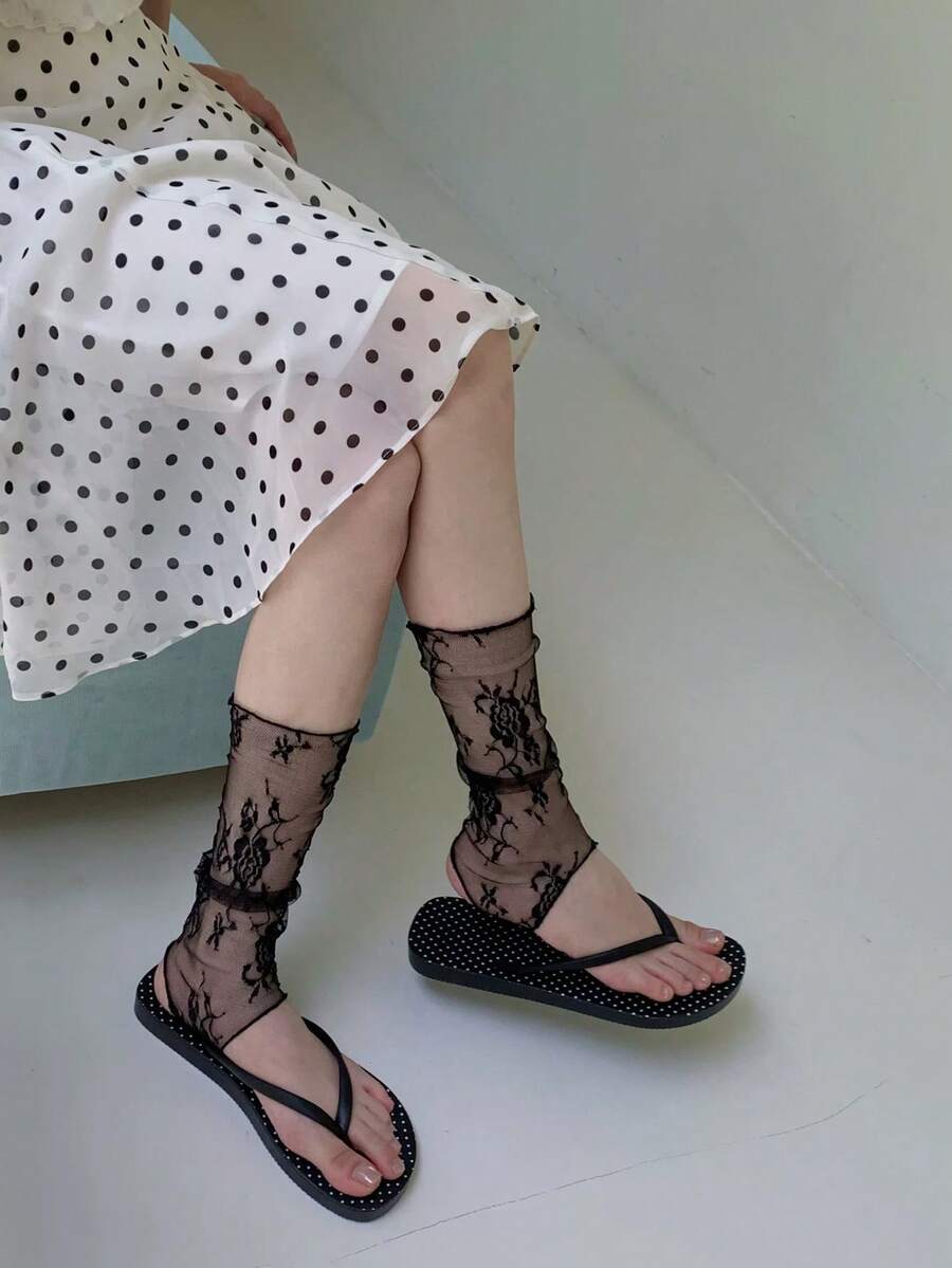 1/2 Pairs Y2K Hot Girl Lace Ruched Socks, Sexy Sheer Rose Jacquard Leg Warmers