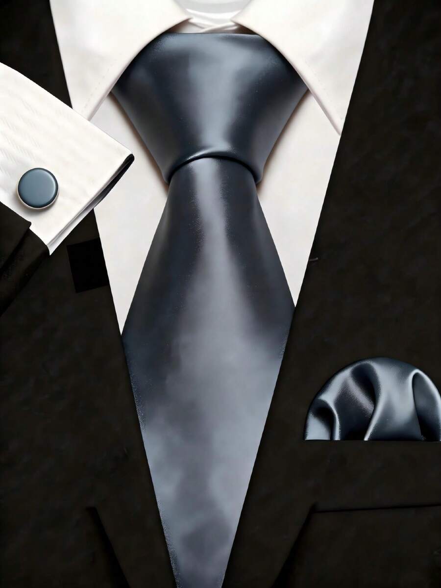 Solid Color Men's Tie Set, Men's Business Formal (8cm) Tie, Pocket Square, Cufflinks Set, Suitable For Business Workplace, Wedding Party - Dark Grey - View 1