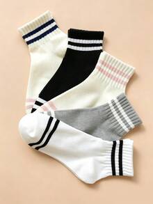 5 Pairs Women's Double Stripe Short Socks, College Style Casual Sports Socks, Comfortable Soft Daily Wear Socks - Multicolor - View 5