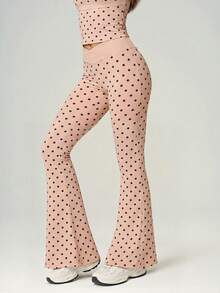 UONNOU 2pcs Polka Dot Square Neck Criss-Cross Back Camisole + Criss-Cross Waist Flare Pants Sports Set - Pink - View 10
