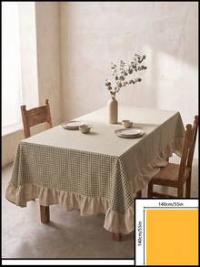 1pc Sage Green And White Small Checkered Patchwork Beige Ruffle Edge Tablecloth, Natural Vintage Style, Rectangular, Beige Ruffle Edge With Pleated Detail, Decorative And Functional, Suitable For Home Dining And French Country Home Decor - Green - View 20