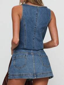 Women's 2 Piece Outfits Denim Set Y2K Sleeveless Tie-Up Top  Low Rise Mini Skirt Set, Summer Streetwear Clubwear Two Piece Going Out Fit - 藍色 - 查看 3