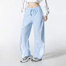 Adidas Women's Mid-Rise Tie-Waist Woven Dance-Style Bow Ribbon Straight Wide-Leg Striped Sweatpants - Baby Blue - View 2