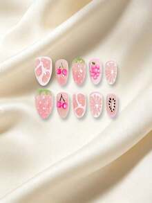 10pcs Medium Almond-Shaped Press-On Nail Set, Cute 3D Pink Fruit Strawberry, Cherry, Grape, Lemon And Water Drop Fake Nails, Japanese Sweet Summer Style, Suitable For Women And Girls Beach Vacation Outfit - Multicolor - View 2