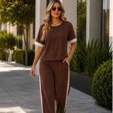 Women's Wide-Leg Pants And Short-Sleeve Top Set Summer - 鏽棕色 - 查看 1