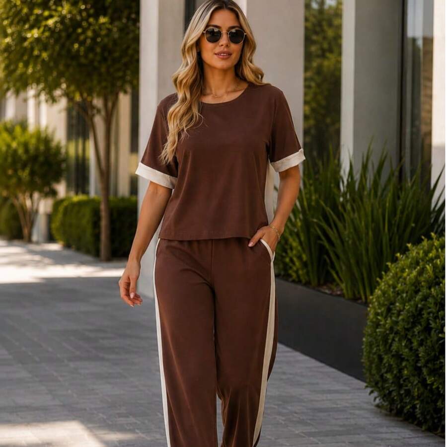 Women's Wide-Leg Pants And Short-Sleeve Top Set Summer - 鏽棕色 - 查看 1