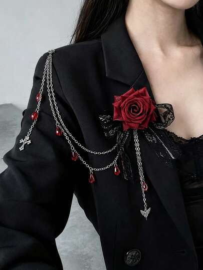 1pc Dark Gothic Fabric Rose Lace Bow Blood Drop Crystal Cross Pendant Tassel Brooch Pin, Elegant & Glamorous, Casual Daily Wear, Party Gathering, Women's Halloween Versatile Jewelry Brooch Gift
