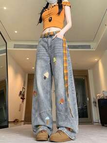 Cartoon Embroidered Plaid Belt Loose Wide Leg Curved Hem Jeans Casual Fall - Blue - View 4