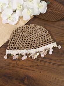 1PC Women Hollow Out Crochet Head Wrap With Seashell Metal Disc Knit Mesh Hair Turban,Bohemian Everyday Vacation Hair Hat For Travel Photoshoot Wear - Multicolor - View 12