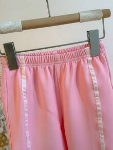 2pcs Soft Pink Girls Short Blazer Two Pieces Set, Lapel Double-Breasted Design With 3D Bow Decor, Exquisite Long Sleeve Tailoring, Paired With Side White Elastic Wide-Leg Long Pants, Soft Drape Fabric, Sweet Commuter Style Young Girl Outfit - Pink - View 7