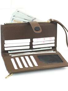 New Ladies Loog Folding Wallet, Soft PU Zipper Multi-Function Large-Capacity Card Clip Coin Purse, Exquisite Fashion Simple Casual Walle - Black - View 3