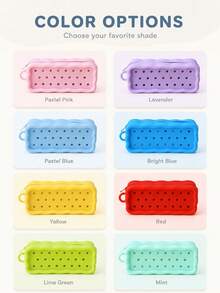 1pc Solid Color Silicone Pencil Case, Rectangular Zipper Pencil Pouch With Perforated Round Holes, Wavy Edge And Carrying Loop, Stationery Storage Bag For Desk Organization And Daily Use - Multicolor - View 4