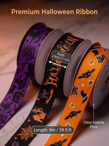1 Roll (10 Yards/9 Meters) Halloween Decorative Ribbon – Satin Ribbon For Bows And Gift Wrapping; Suitable For Gifting, Halloween Decor, Home Decoration, And Halloween Parties - Multicolor - View 2