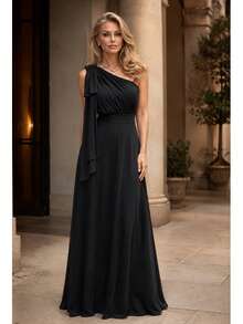 Long Party Dress With Lace, Lined Cups, Comfortable, Elegant, Simple - Black - View 1