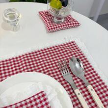 1pc/2pcs/6pcs Korean Ins Style Red Plaid Lace Napkin Placemat Multi-Purpose Dust Cover Food Photography Cloth - Multicolor - View 4