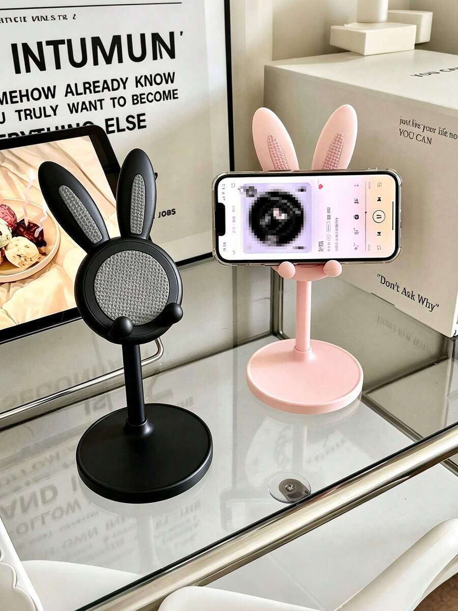 Cute Rabbit Ear Phone Stand, Adjustable Height Desktop Phone Holder, Compatible With IOS And Android Smartphones, Cute Desktop Decor Gift, Suitable For Girls And Women - Black - View 1