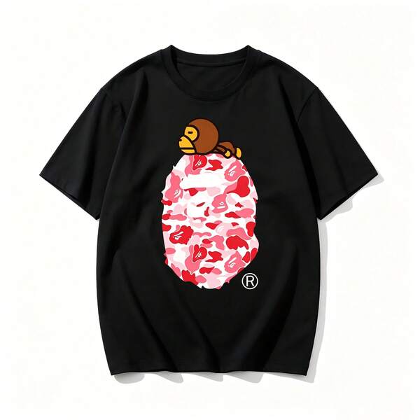 Spring/Summer New Arrival Men's Short Sleeve T-Shirt Pink Camo Animal Character Print Cotton Soft Street Casual Top