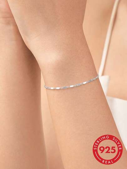 1 pieza Pulsera de plata de ley S925 con diseño rectangular minimalista para mujeres, estilo frío de nicho Ins, elegante y de moda, cadena fina adecuada para uso individual o en capas, versátil para ir al trabajo y uso diario