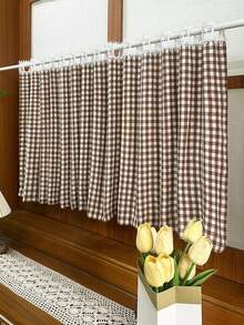 1Pc,White Perforated Lace Splicing American Country Retro Plaid Kitchen Half Curtains For Restaurant Cafe Windows Drapes Over Sink,Oven, Microwave, Curtain Decoration - Khaki - View 11