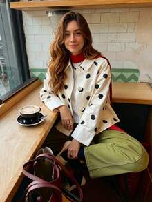 Women's Polka Dot Button Front Jacket, Long Sleeve With Pockets, Fashion Regular Length Woven Fabric Jacket, Suitable For Autumn Wear, Cute, Daily Women's Outerwear - White - View 1
