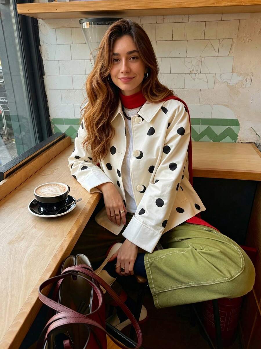 Women's Polka Dot Button Front Jacket, Long Sleeve With Pockets, Fashion Regular Length Woven Fabric Jacket, Suitable For Autumn Wear, Cute, Daily Women's Outerwear - White - View 1