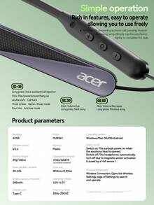 Acer OHR561 頸掛式無線耳機 入耳式 運動跑步騎行健身 藍牙 5.4 通話降噪 HiFi 高解析音質 超長續航 舒適佩戴 相容手機 iOS/Android 系統 - 均碼 - 查看 13