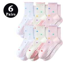 1/2/3/6 Pairs Women's Grip Pilates Socks, Cute Ruffle Trim Heart Pattern Mid-Calf Yoga Socks, Indoor Floor Slipper Socks Suitable For Gym, Workout & Running, Christmas Gift. - Multicolor - View 11