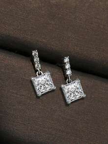 2pcs Women's Copper Zirconia Square Stud Earrings, Daily Color Matching Earrings - Silver - View 3