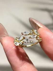 1 pieza Anillo abierto de diseño versátil minimalista elegante y exquisito con circonita totalmente pavimentada, estilo Ins con hoja y estética fría, adecuado para uso diario, vacaciones, fiestas, accesorio de vestir, regalo para novia y amiga - Multicolor - Ver 2