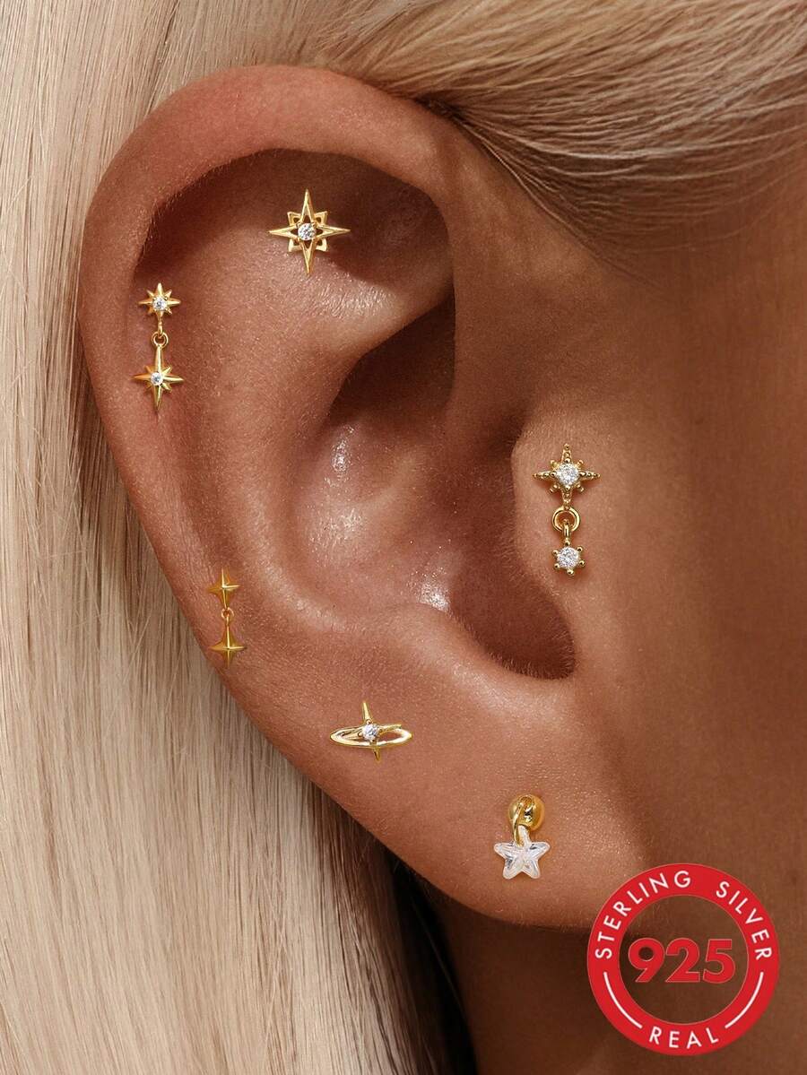 1件 925純銀星星平背耳釘耳環 女款，18K鍍金，低過敏性軟骨耳洞穿刺飾品
