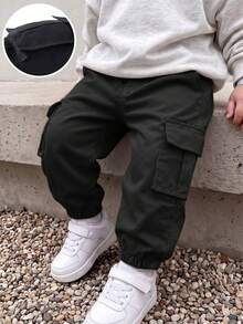 1pc Toddler Boys' Minimalist Outdoor Sports Drawstring Cargo Pants, Suitable For Spring & Autumn - Black - View 8