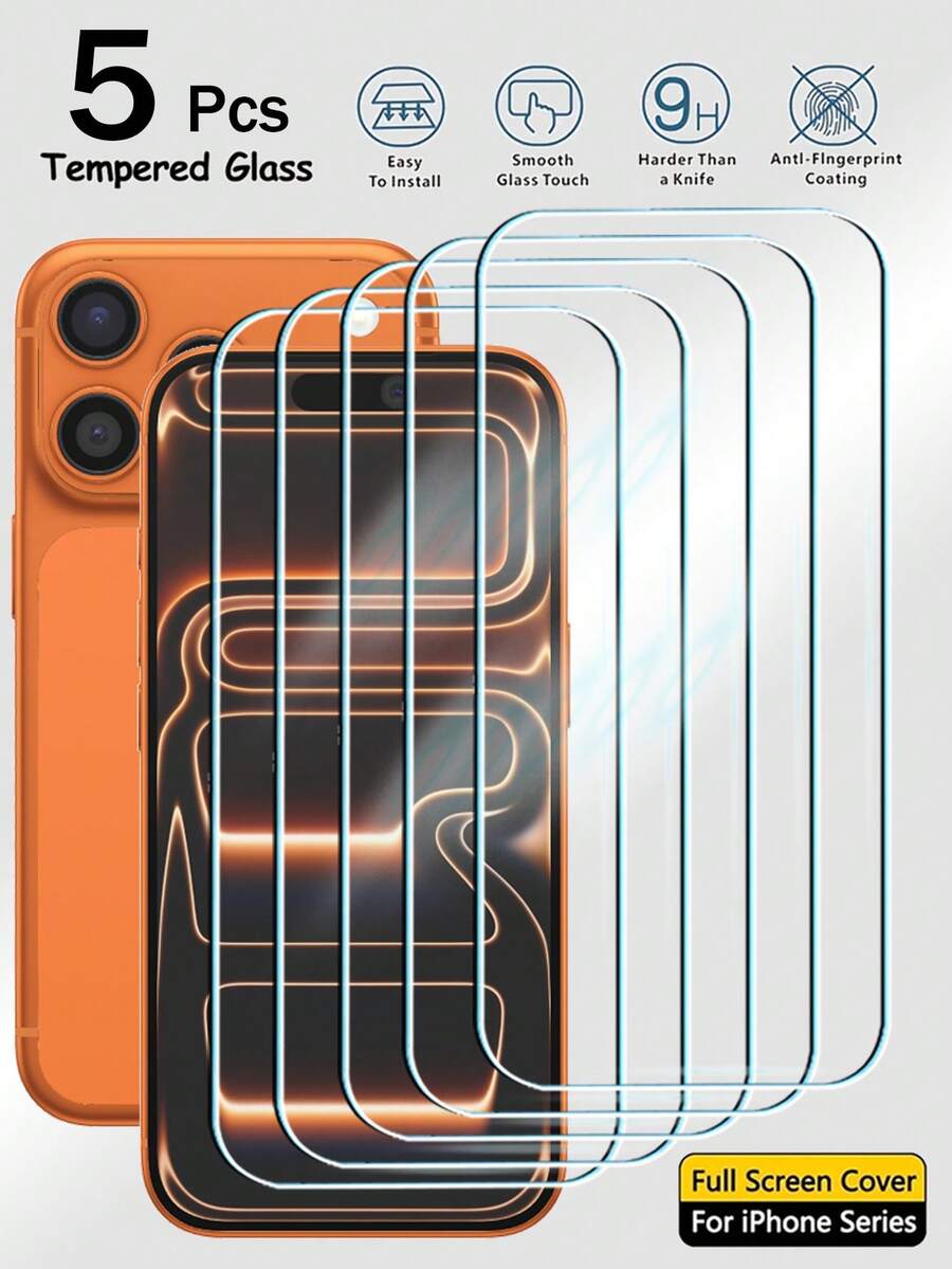 5Pcs Protection Full Screen Tempered Glass Compatible With IPhone 18 17 16 15 14 13 12 11 Pro Max X XS XR 16 15 14 Plus 17e 16e Protector Protect Screen Full Screen Phone Protective Film Clear Protective Cover Glass Film
