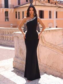 New Sexy One-Shoulder Sleeveless Rhinestone Decor Backless Bodycon Bandage Mermaid Long Dress Women Formal Evening Gown - Black - View 4