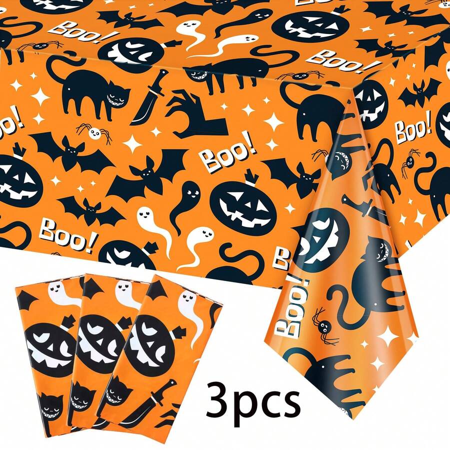 1pc/3pcs Orange Background Black Cat Halloween Disposable Plastic Tablecloth, Printed With Black Cat, Pumpkin, Ghost Fun Patterns, Rich Holiday Atmosphere, Suitable For Halloween Theme Party, Store Event Decoration, Birthday Party, Outdoor Dining Tablecloth Decoration 137*274cm - Multicolor - View 1