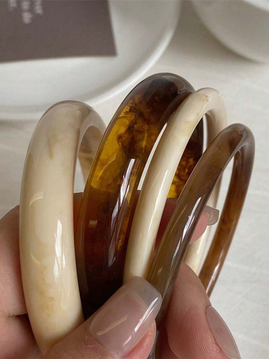 LADYCOCO 4件組復古厚款壓克力樹脂手鐲，多色，適合女性，派對與日常穿戴