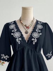 Rusttydustty Bohemian Style Women's Plus Size Short Sleeve Embroidered V-Neck Casual Vacation Top Summer - Navy Blue - View 6