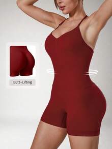 NcmRyu 1pc Women's Solid Color Halter V-Neck Adjustable Strap Pleated Front Backless Sports Romper, Athleisure - Red - View 11