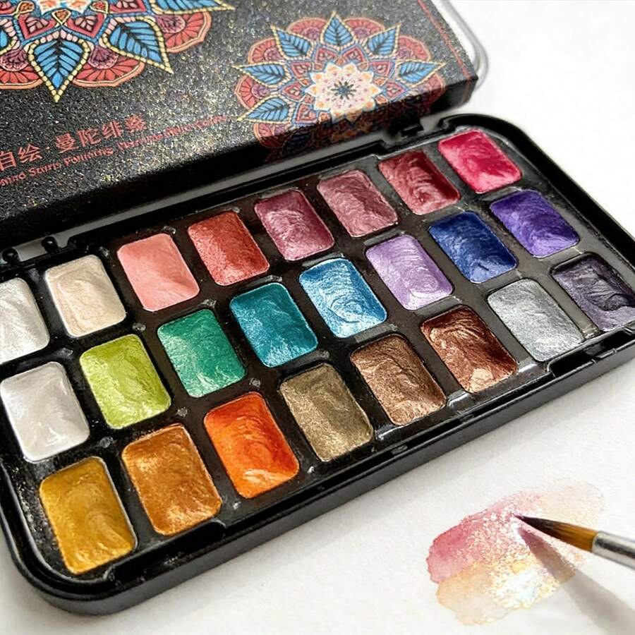 24 Colors Pearlescent Mandala Solid Watercolor Paint Set, Vintage Mandala Pattern Watercolor Paint, Painting Supplies Office And Learning Supplies, Art Supplies, Gold Iridescent Holographic Fine Glitter Metallic Watercolor Paste, Mandala Coloring Book Scrapbook Card Nail Art DIY Water-Soluble Glitter Painting Paint Full Set - Multi-color - View 1