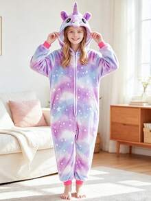 Tween Girl Plush Purple Starry Sky Print Unicorn Design Jumpsuit Pajamas - Multicolor - View 3