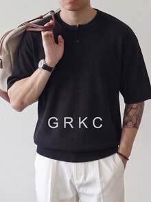 GRKC 男士短袖針織亨利領圓領寬鬆直筒休閒通勤風針織T恤 春夏上衣 - 黑色 - 查看 1