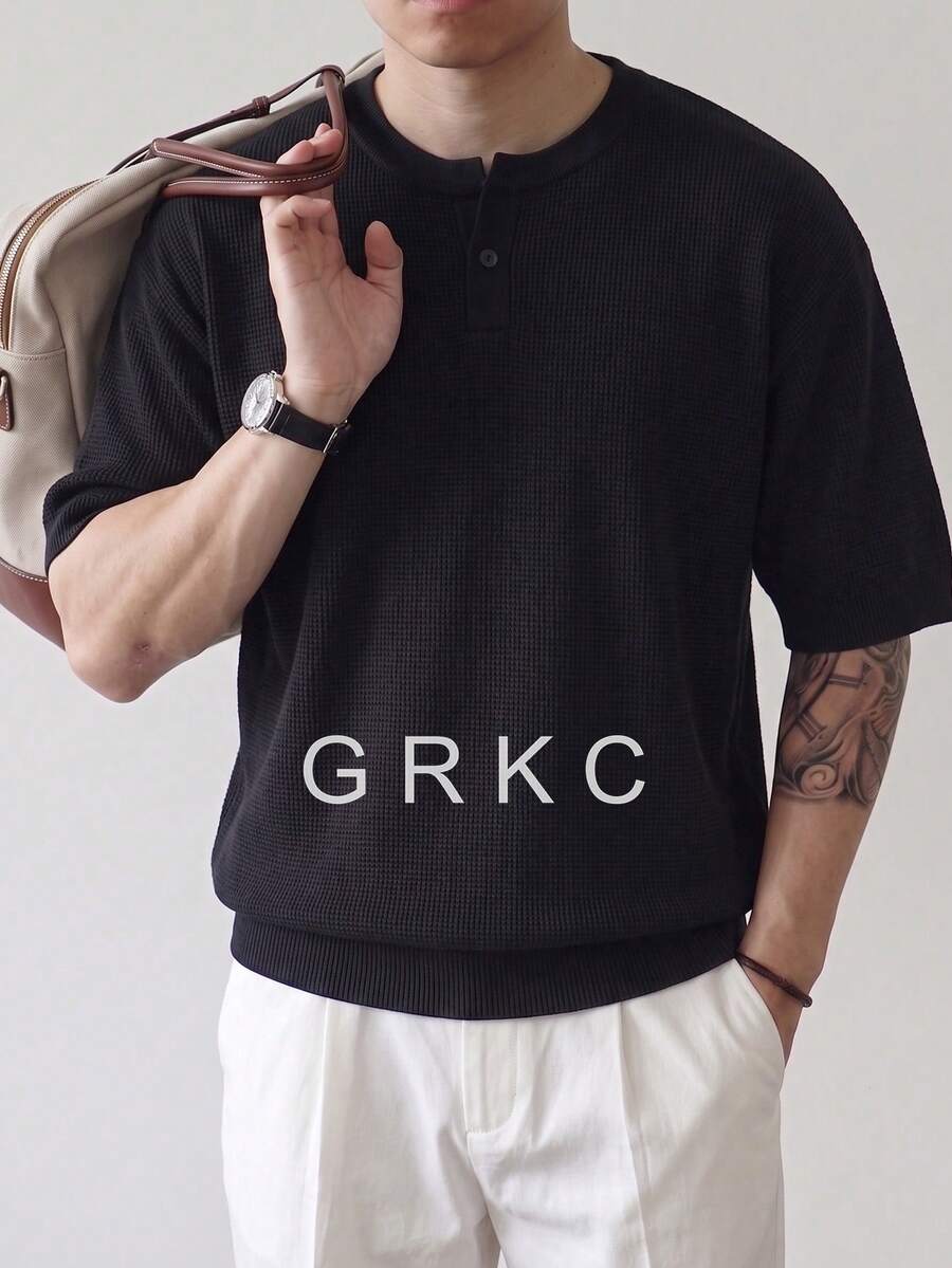GRKC 男士短袖針織亨利領圓領寬鬆直筒休閒通勤風針織T恤 春夏上衣 - 黑色 - 查看 1
