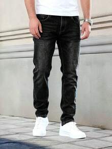 Jeans clásicos de mezclilla negra con estiramiento para hombres - Negro - Ver 3
