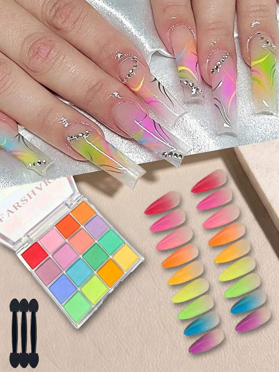 16 Colors Solid Color Gradient Nail Powder Set, Pink, Blue, Purple, Yellow Gradient, Create Cute Dopamine Nail Art Effect, Nail Powder Set, Nail Salon DIY - Multicolor - View 1