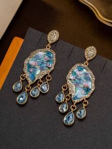 A Pair Of French-Style Water Lily Print Irregular Wavy Full Rhinestone Frame Long Earrings, Perfect For Vacation Parties And Gifting. - Baby Blue - View 1